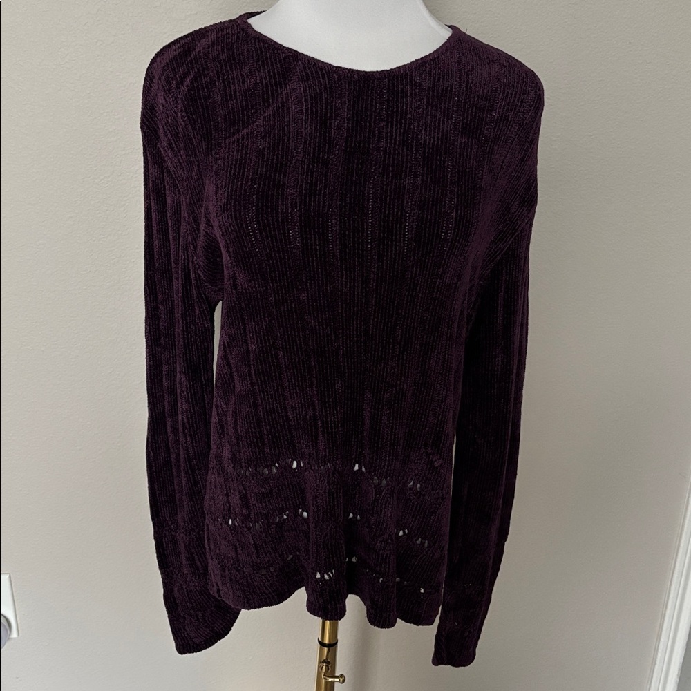 Vintage Clio Chenille Dark Purple Eggplant Sweater Made in USA Size M Soft